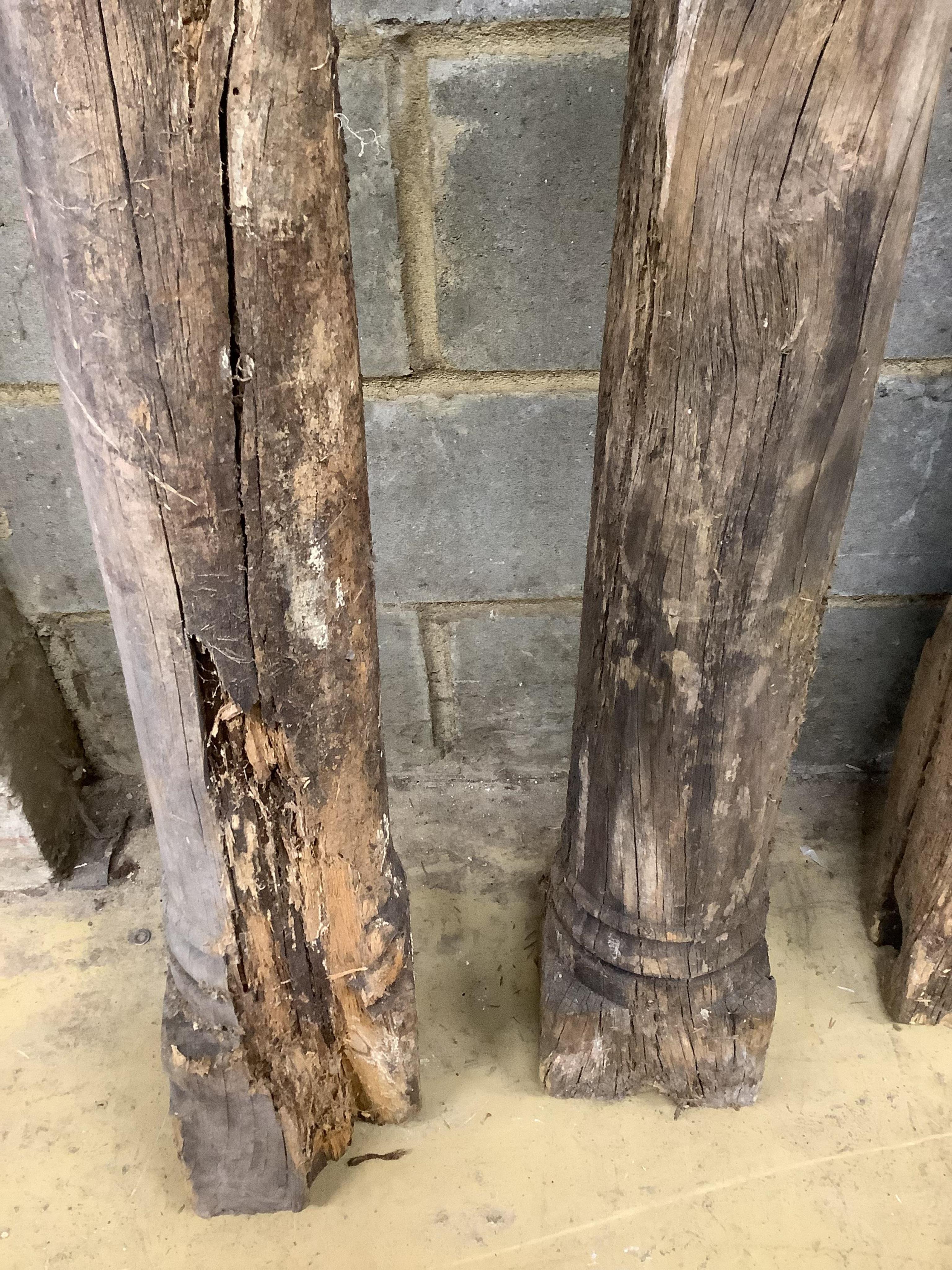 Six assorted hardwood columns, said to have come from a 19th century ship, tallest 164cm. Condition - variable from poor to fair